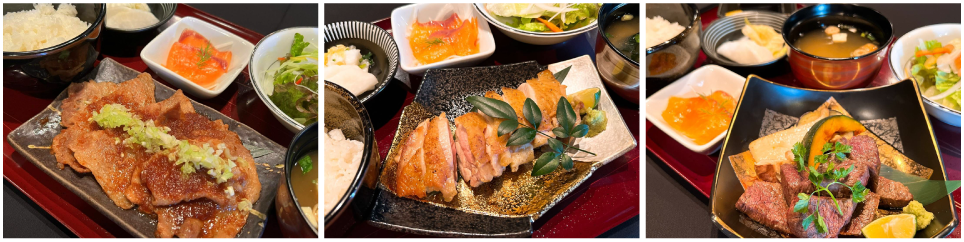 三ツ星ビーフステーキ膳と阿波とん豚生姜焼き膳と阿波尾鶏ヒマラヤ岩塩焼き膳の写真